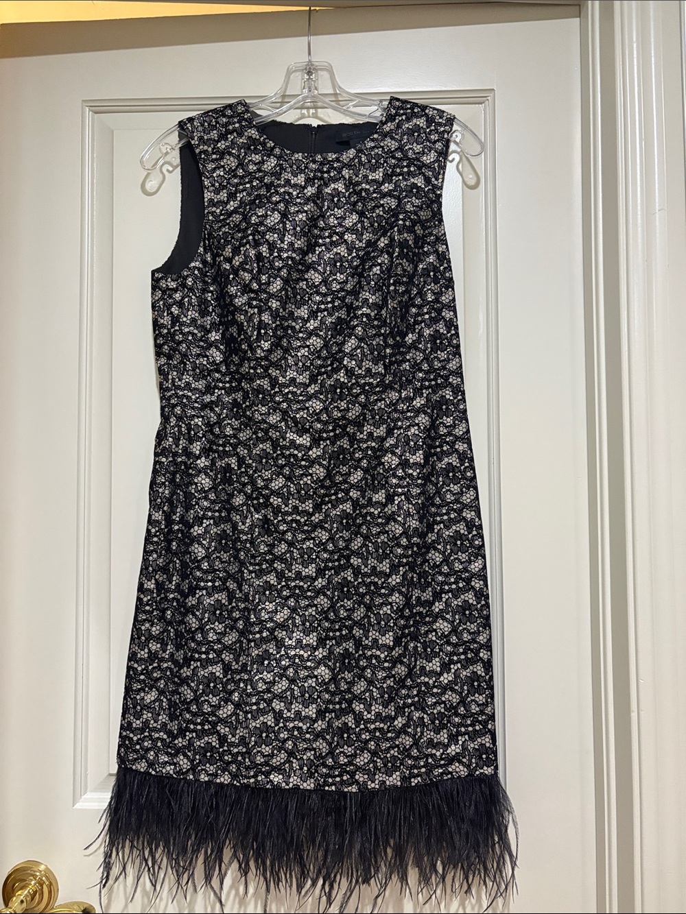 Worth Black and Silver Lace Sheath Dress with Feather Trim